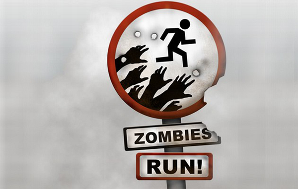 A circular sign shows a stick figure running, chased by reaching zombie hands. The sign has a bite mark on the upper right corner. Below, it reads "Zombies" and "Run!" in all caps. The background is foggy and grey.