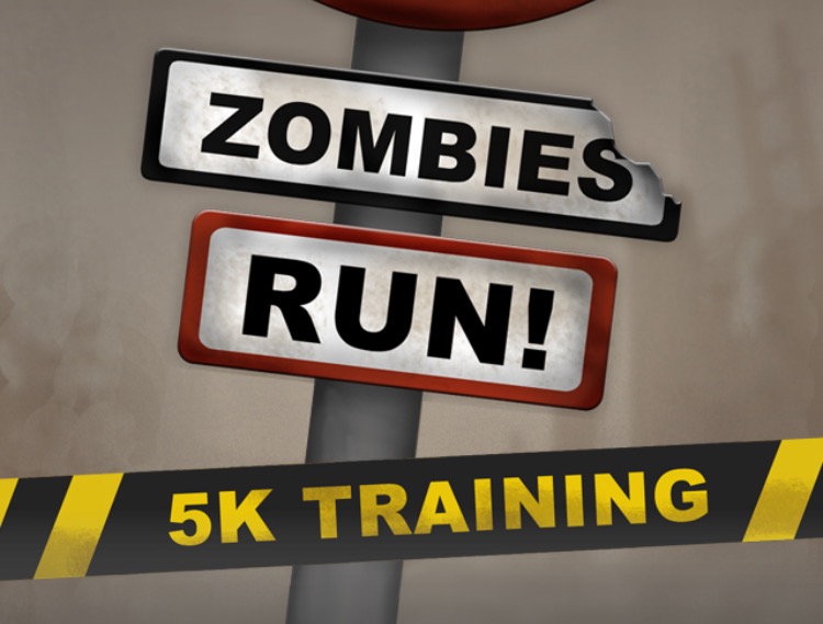 The logo of Zombies, Run! 5k Training. The image is a graphic of a road sign, with the signs saying 'Zombies Run!'. Beneath is tape across the screen, reading 5K training.