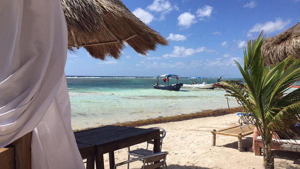 A picture perfect view in Mexico - a sandy beach with palm trees and little huts, with the turquoise blue sea in the background. A couple of small boats are docked at the beach.
