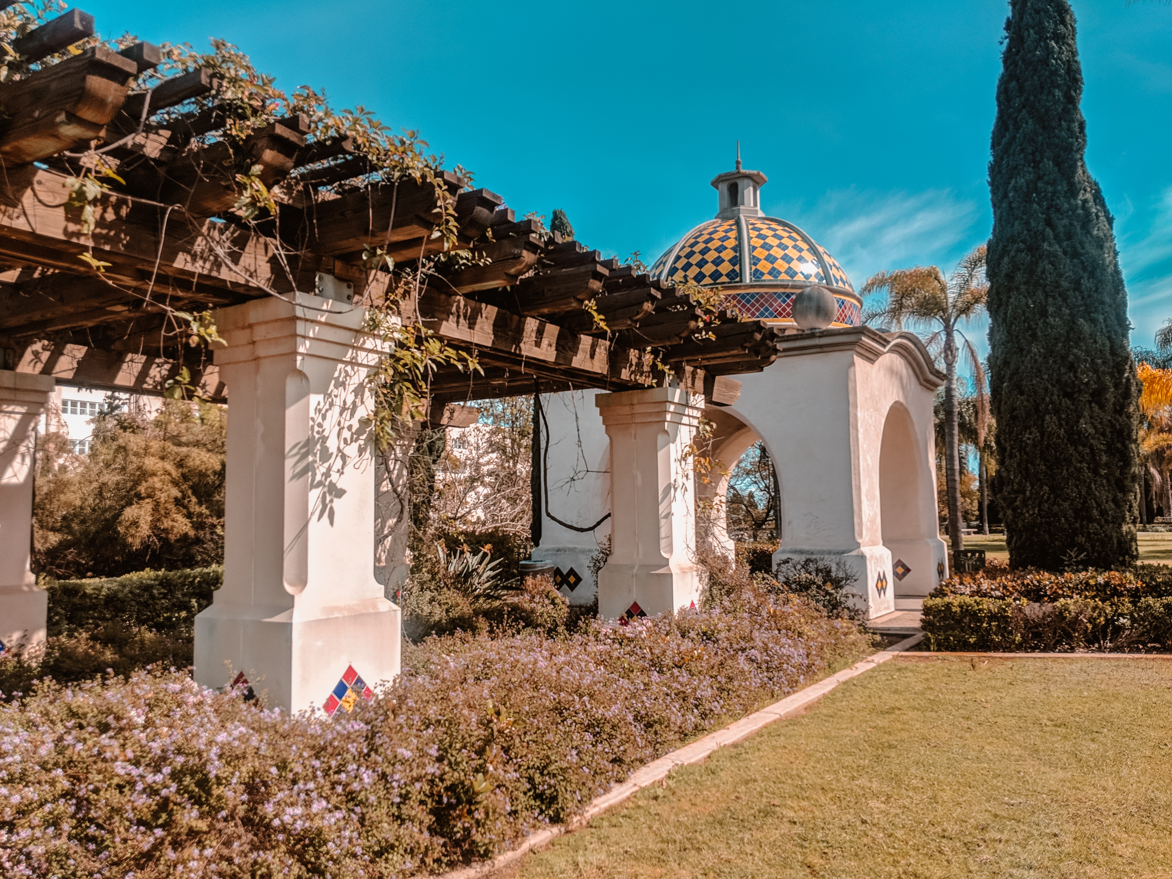 Some gardens found in Balboa Park in San Diego. There's white walls - one with a colourful mosaic roof - and gazebo like walkways with vines growing down between the wooden slacks. Despite being a popular spot in San Diego, the architecture of the buildings and layout of the gardens makes you feel like you are actually in Spain.