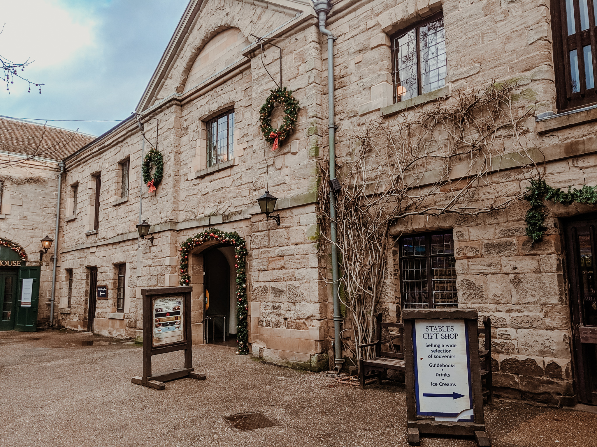 A photo of Warwick Castle's gift shop, beautifully decorated for Christmas