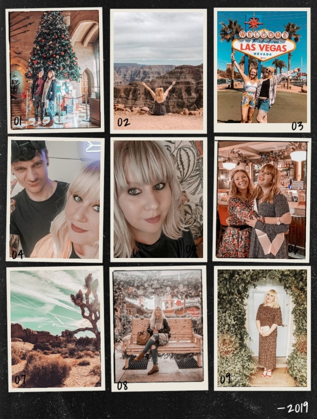 Snapshots from my 2019 Year in Review, including photos of me and a friend posing at the 'Welcome to Las Vegas' sign, a photo of me at the Grand Canyon and an image of the desert in Joshua Tree.