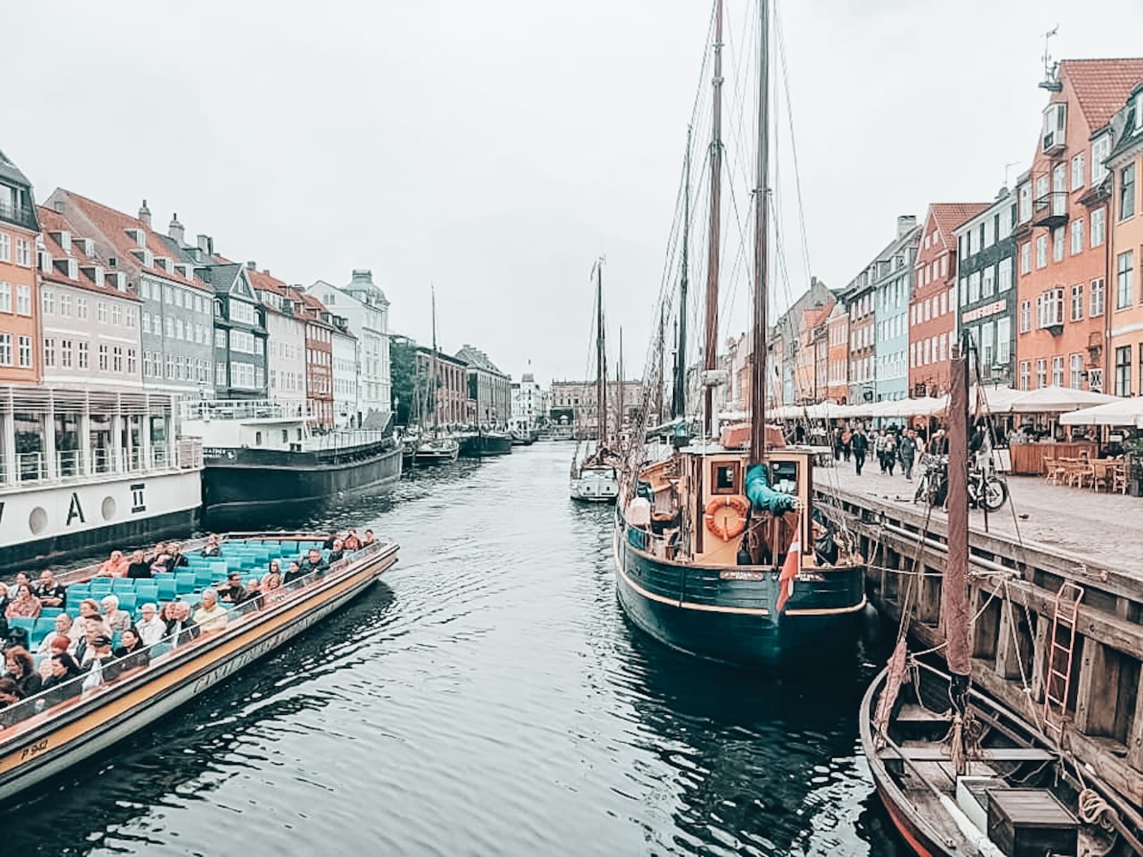 A picturesque canal scene in the European city of Copenhagen with historic buildings lining both sides. Several boats, including a tourist boat filled with people and traditional wooden vessels, are moored or moving through the water. The overcast sky creates a calm atmosphere, perfect for capturing moments for blogging networks.