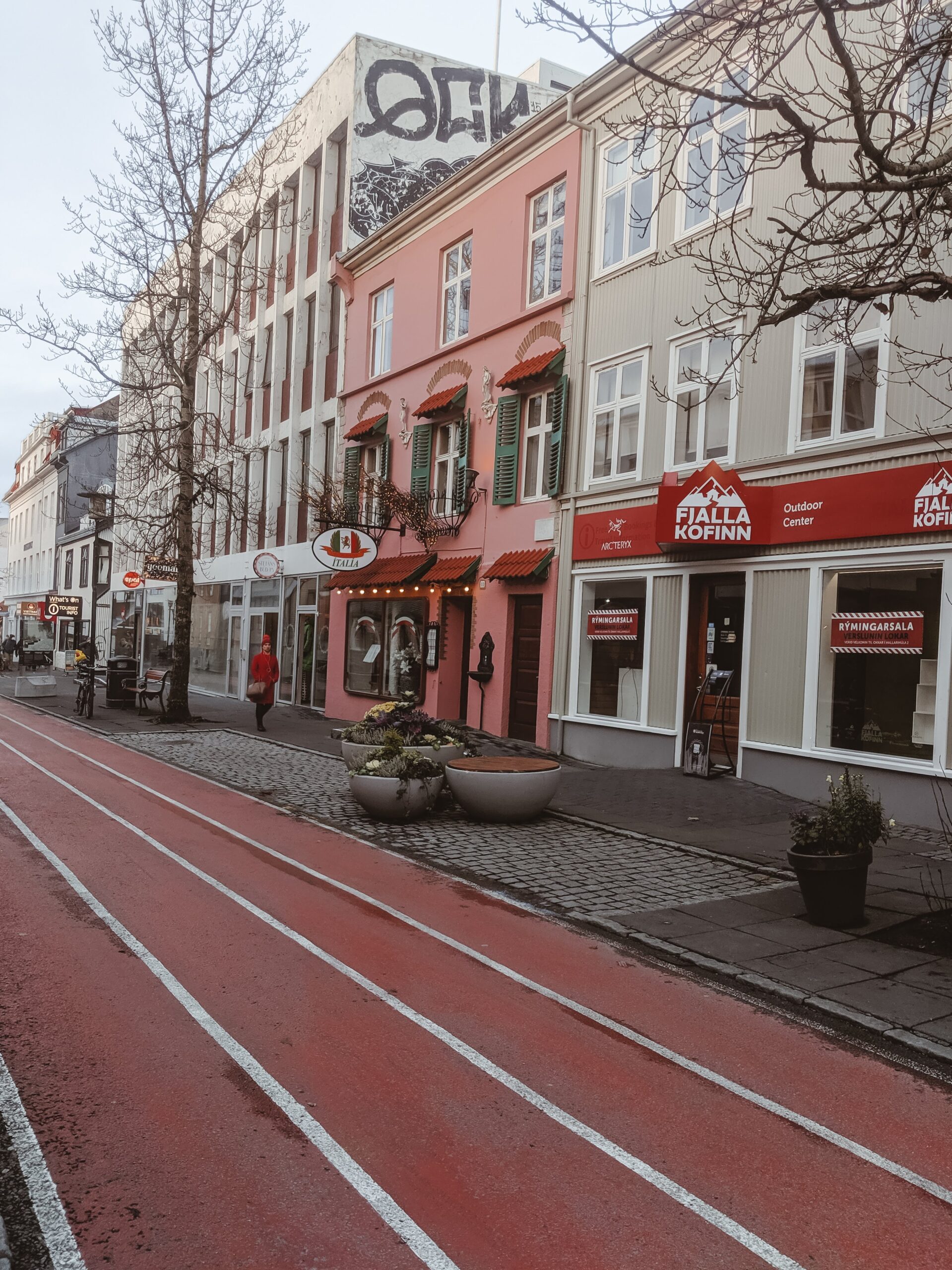 A charming city street in Reykjavík, Iceland lined with colorful buildings, one pink with green window frames, featuring a café at the ground level. There's a red bicycle lane in the foreground and bare trees along the sidewalk. The perfect photo to use for my Iceland travel diary.