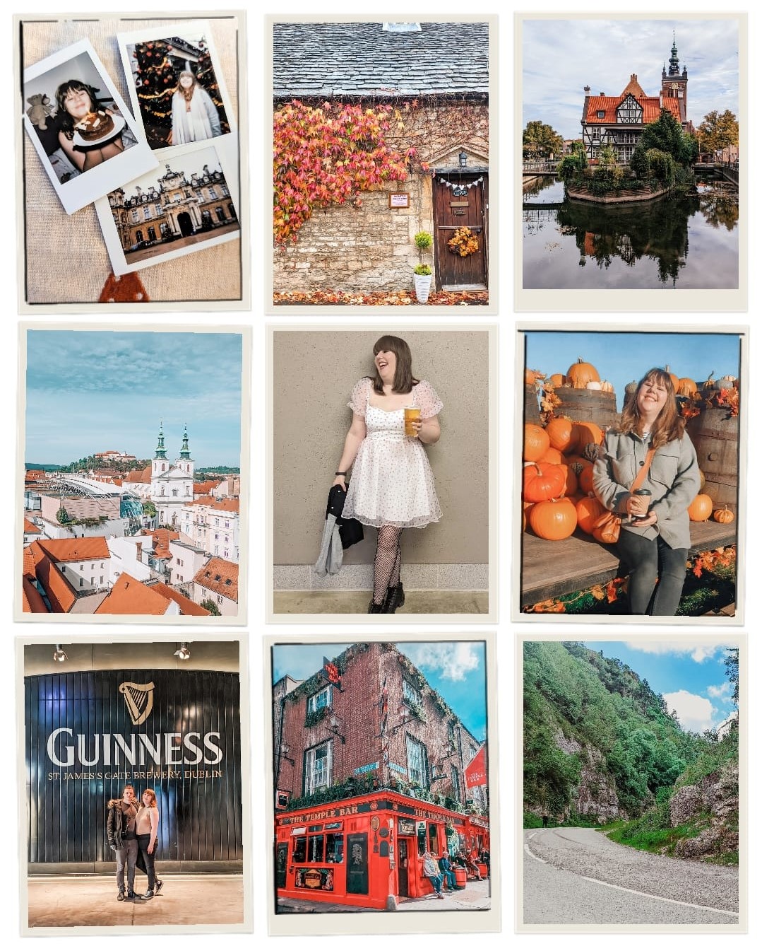 A collage of nine travel photos from my 2022 in review featuring scenic views, urban details, and people. Highlights include an autumn vine-covered building in the Cotswolds, rooftop views in Brno and Louise and Shaun at the Guinness Storehouse in Dublin.